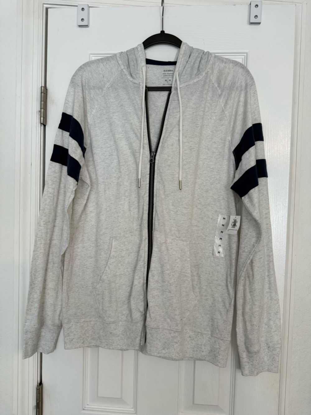 NWT Old Navy Light Gray Hooded Zip-Up with Navy Sleeve Stripes